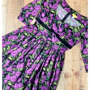 Bernie Dexter Grace Dress Women XL‎ Black Purple Floral Tulips Fit Flare Midi